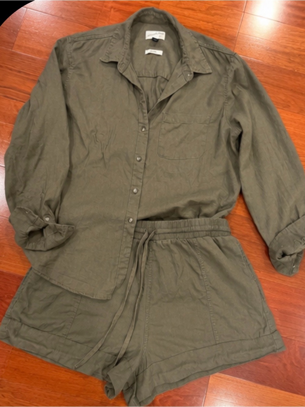 Universal Thread Olive Green Linen Blend Button Down Shorts Set M/S